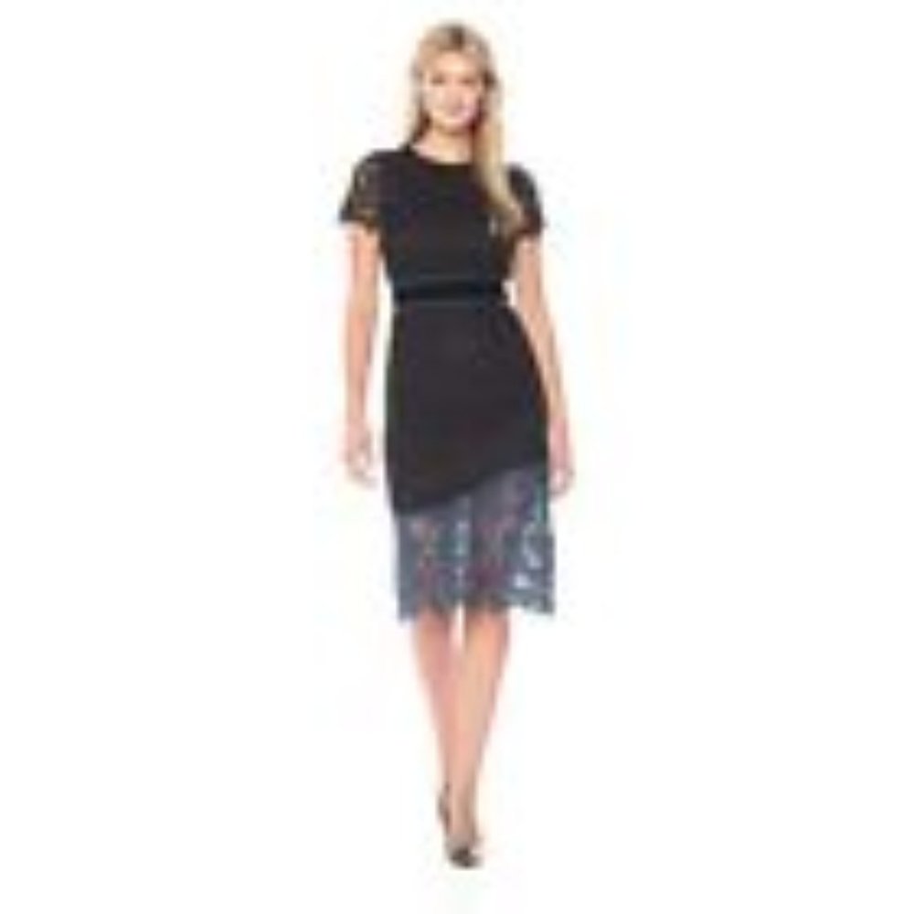 Laundry by Shelli Segal Color Blocked Venise Lace Dress Women's Black/Blue